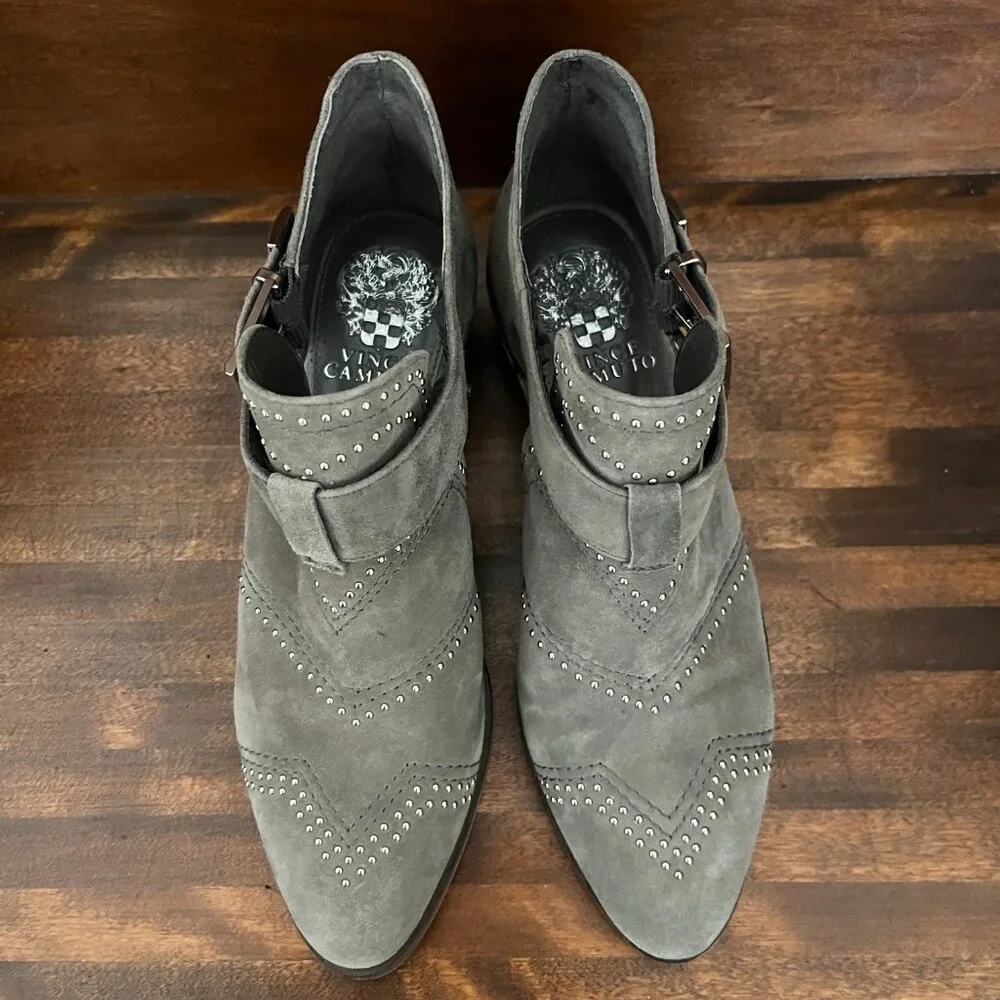 Vince Camuto Grey Suede Raina Studded Buckled Booties Women's Edgy Boho 6M - Picture 2 of 11